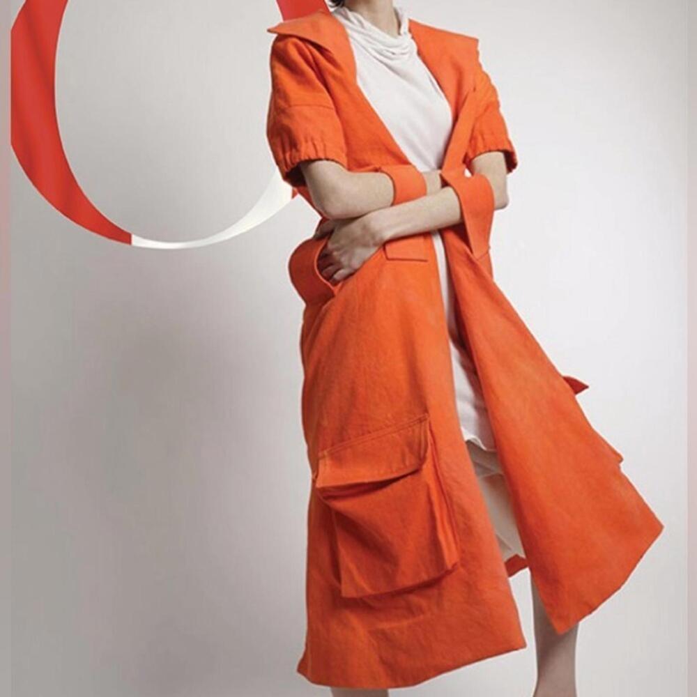 Olivia Rubens Luxe Sashiko Hemp & Silk Coat Dress in Vivid Orange